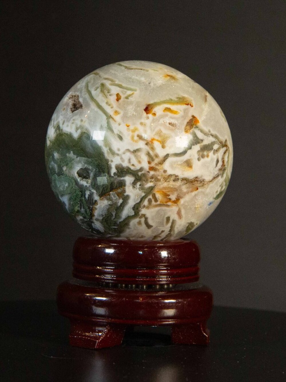Premium Large Moss Agate Druzy Sphere 2.75" Crystal Geode Cave Wood Stand